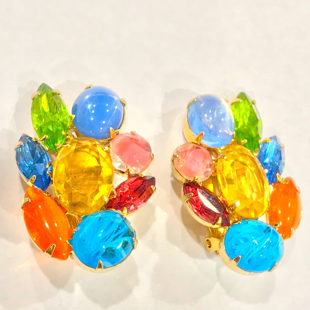 Multicolor gemstone cluster clip ons